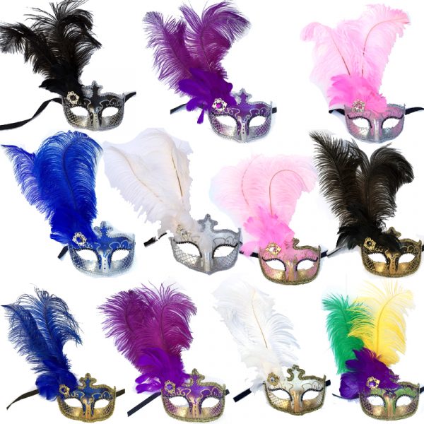 Costume Glittered Venetian Half Masks with Feathers