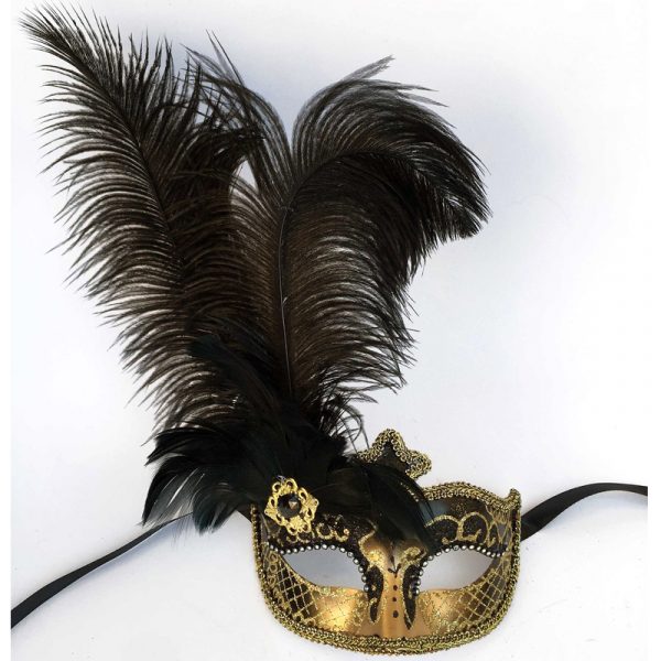 Black/Gold Glittered Venetian Half Mask with Feathers