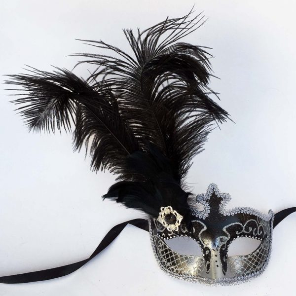 Black/Silver Glittered Venetian Half Mask with Feathers