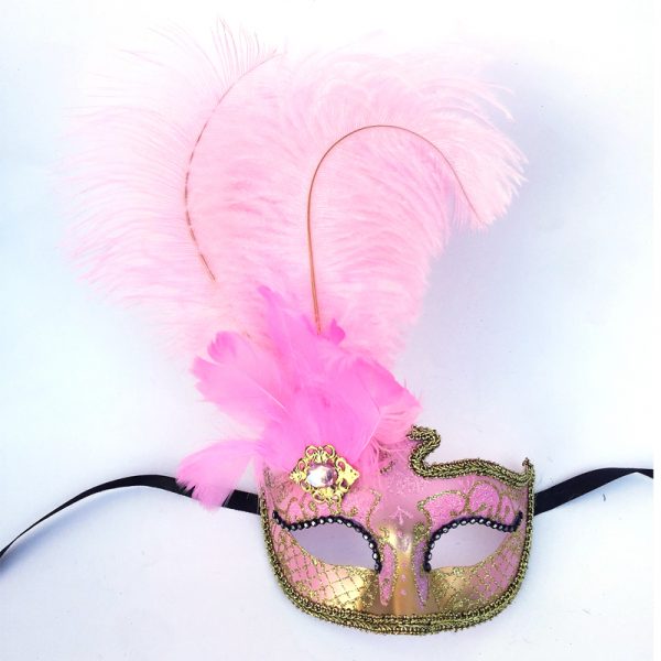 Hot Pink/Gold Glittered Venetian Half Mask with Feathers