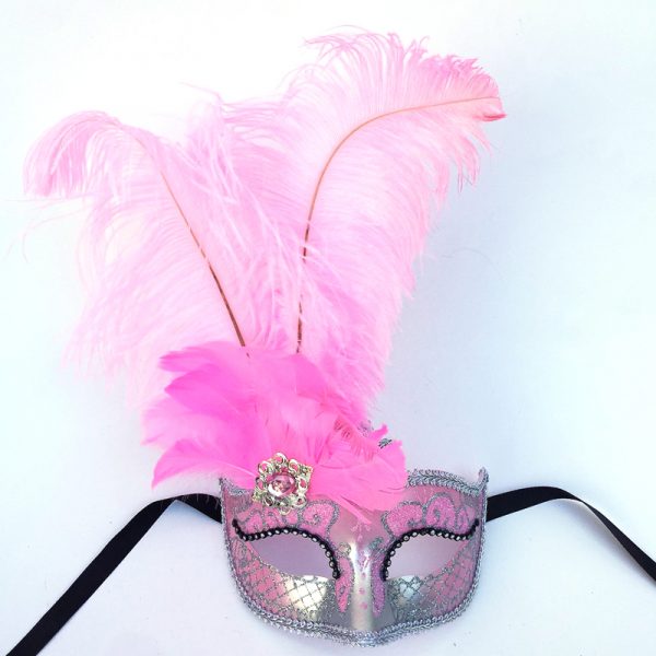 Hot Pink/Silver Glittered Venetian Half Mask with Feathers