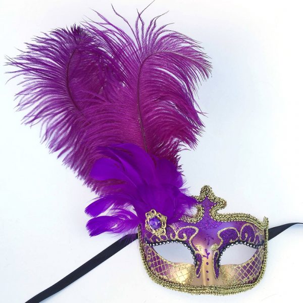 Purple/Gold Glittered Venetian Half Mask with Feathers