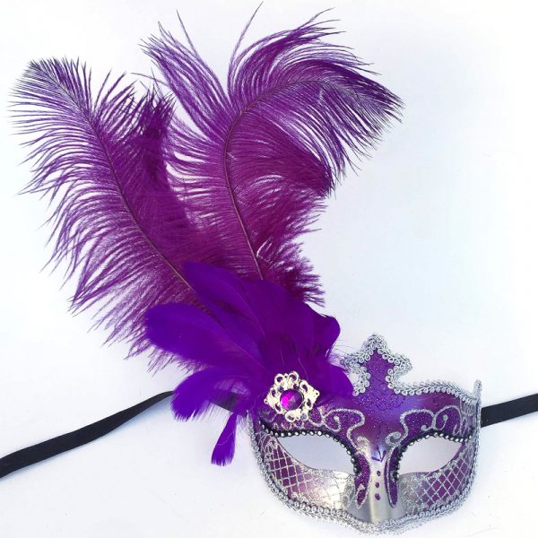 Purple/Silver Glittered Venetian Half Mask with Feathers