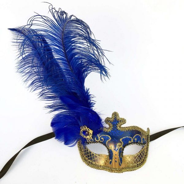 Royal Blue/Gold Glittered Venetian Half Mask with Feathers
