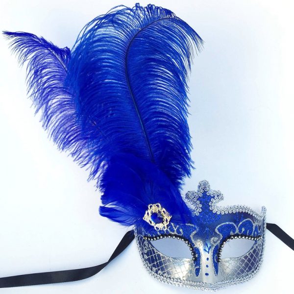 Royal Blue/Silver Glittered Venetian Half Mask with Feathers