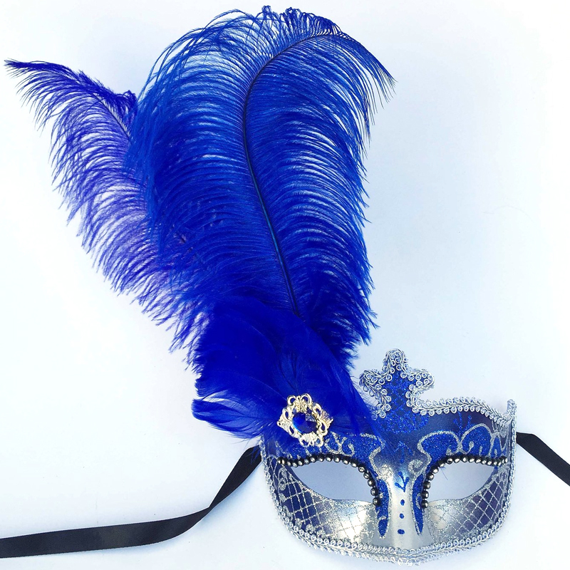 Details about   Masquerade Ball Halfmask with Feathers Silver Royal Blue M6131 
