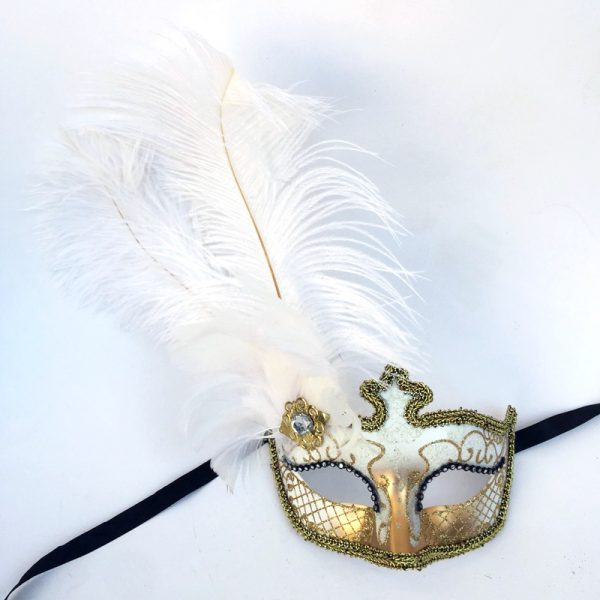 White/Gold Glittered Venetian Half Mask with Feathers