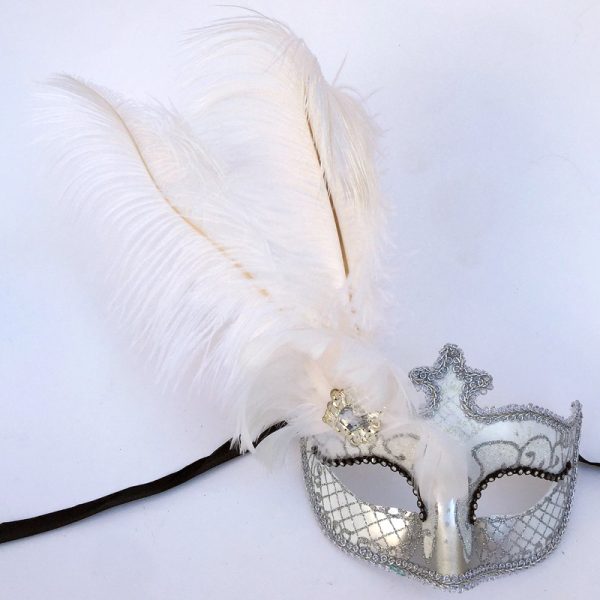 White/Silver Glittered Venetian Half Mask with Feathers