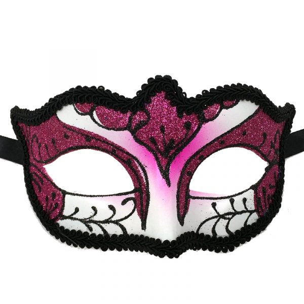 Hot Pink Venetian Half Mask with Black Brocade Trim