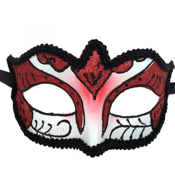 Red Venetian Half Mask with Black Brocade Trim
