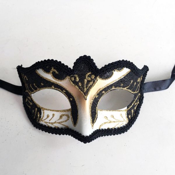 Black/Gold Venetian Half Mask with Black Brocade Trim