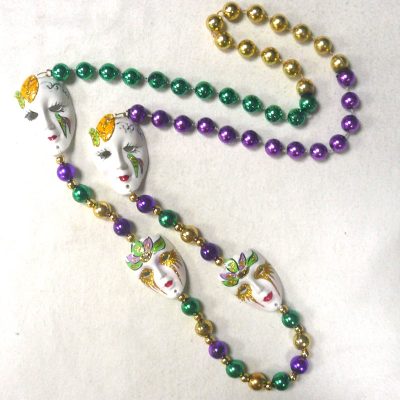 Round Metallic Bead Necklace with 4 Mardi Gras Masks