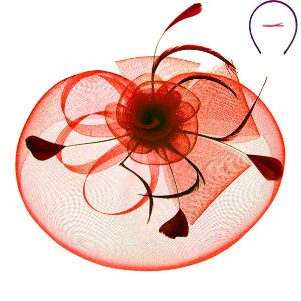 Red Mesh Satin Headpiece Fascinator w Floral Feather Trim