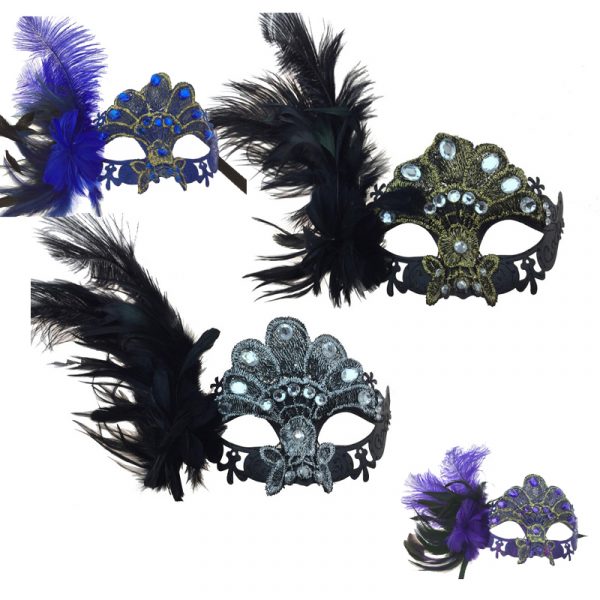 Costume Venetian Half Mask w Jewels Feathers