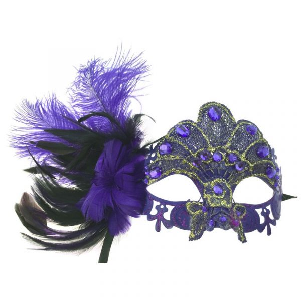 Costume Venetian Half Mask w Jewels Feathers