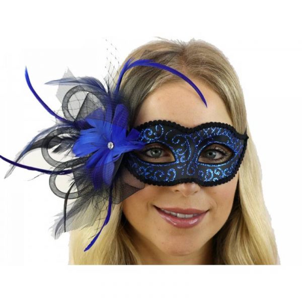 glittered venetian half mask with netting and feathers