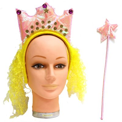Costume Crown Headband with Hair and Wand Set
