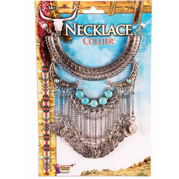 Costume Western Coin Drop Necklace Silver Turquoise