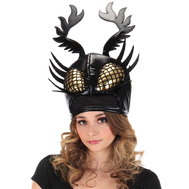 Black Shiny Fabric Insect Hat Mask - DominAnt Insectoid HatsEye. 