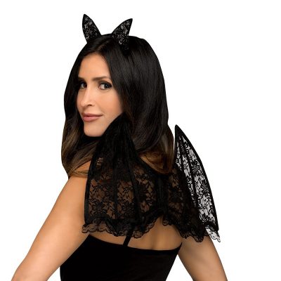 Black Lacy Flying Bat Ears & Wings Set