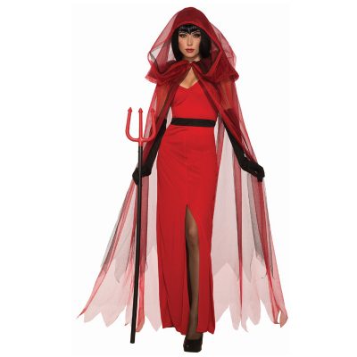 Crimson Demoness Red Dress w Sheer Hooded Cape
