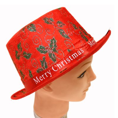 Merry Christmas Fabric Top Hat w Holly Design