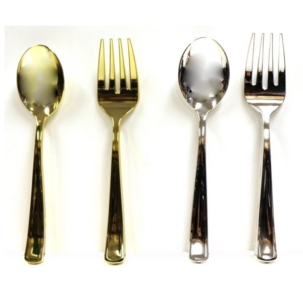Gold or Silver 10" Plated Plastic Serving Spoon & Fork Set