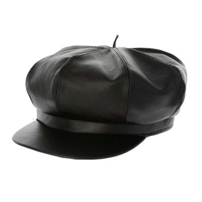 Black pleather brim cap with rounded crown and short visor for biker, gangster, taxi driver, and retro costumes.