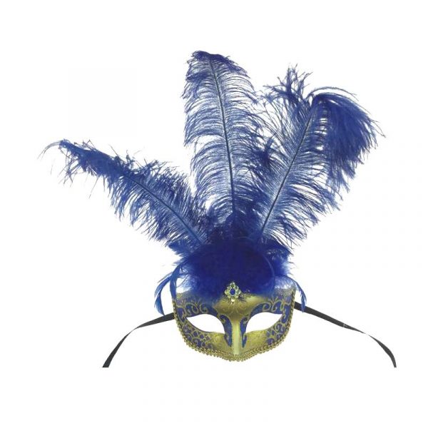 Blue Costume Deluxe Half Mask w Feathers