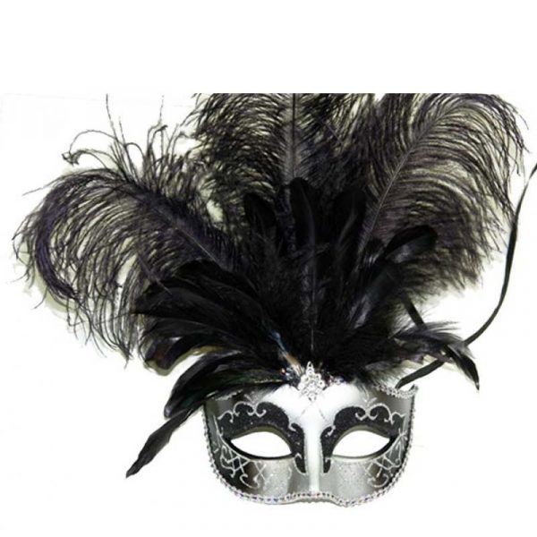 Black Silver Costume Deluxe Half Mask w Feathers