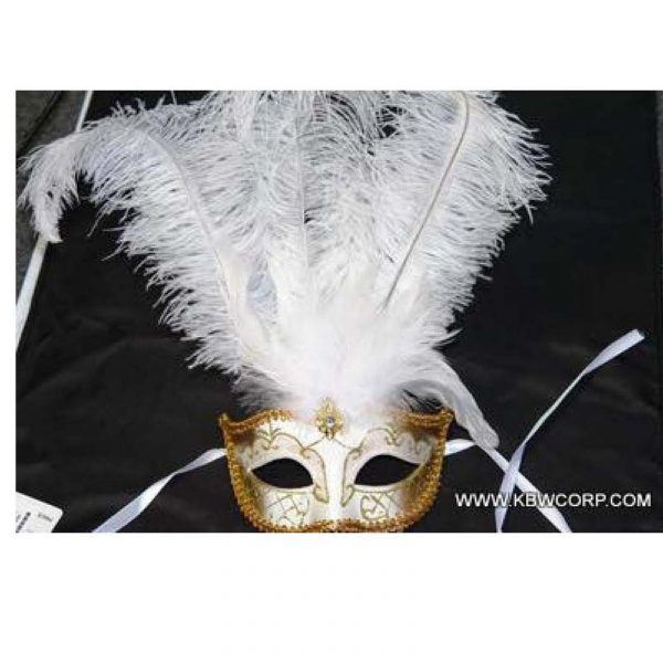 White Costume Deluxe Half Mask w Feathers