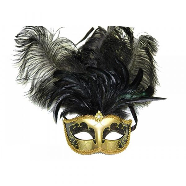 black Costume Deluxe Half Mask w Feathers