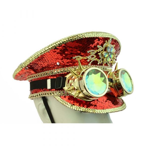 Red Deluxe Jeweled Burning Man Hat w Holographic Goggles