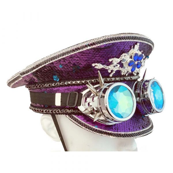 Purple Deluxe Jeweled Burning Man Hat w Holographic Goggles