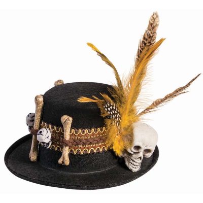 Small Felt Clip-on Voodoo Hat w Skull Bones Feathers