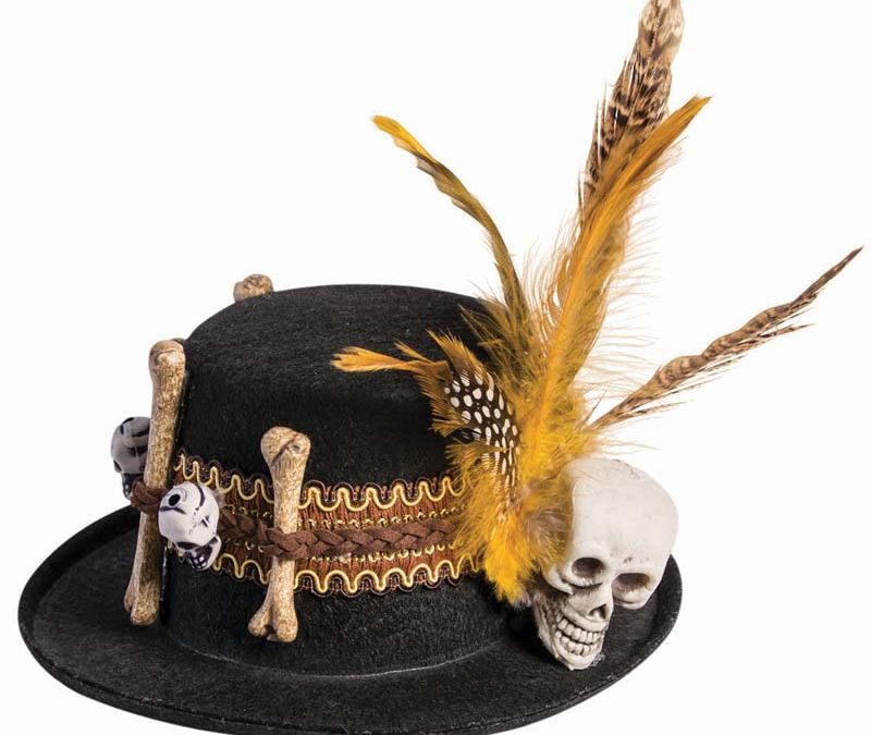 Small Felt Clip-on Voodoo Hat w Skull Bones Feathers