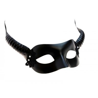 Costume Black Plastic Horned Half Mask w Rhinestones