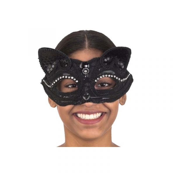 Costume Trimmed Cat Face Mask w Rhinestones