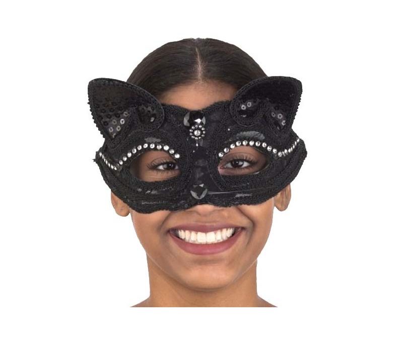 Costume Trimmed Cat Face Mask w Rhinestones