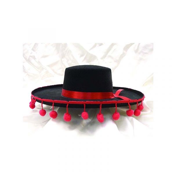 Black Felt Wide Brim Hat w Red Pom Pom Fringe