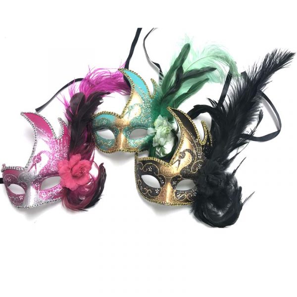 Glittered Side-Crescent Venetian Mask w Flowers n Feathers