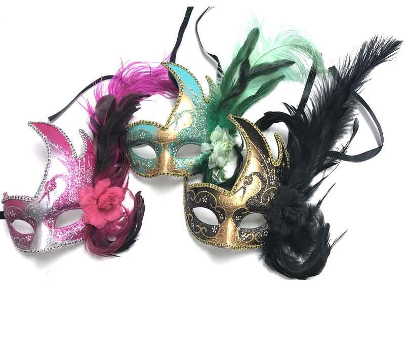 Glittered Side-Crescent Venetian Mask w Flowers n Feathers