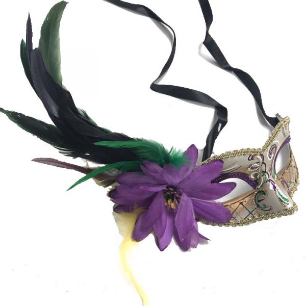 Costume Glittered Venetian Half Mask w Flower n Feathers
