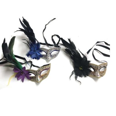 Costume Glittered Venetian Half Mask w Flower n Feathers