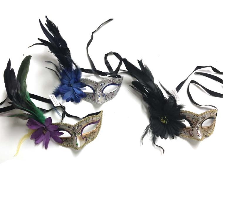 Costume Glittered Venetian Half Mask w Flower n Feathers