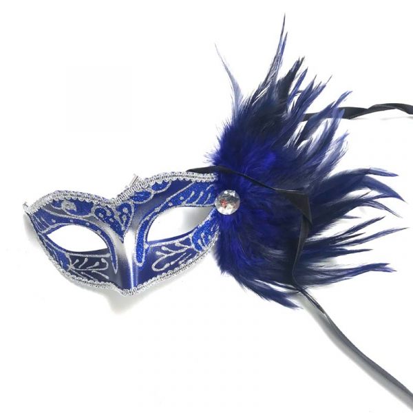 Costume Glittered Venetian Half Mask w Side Feathers