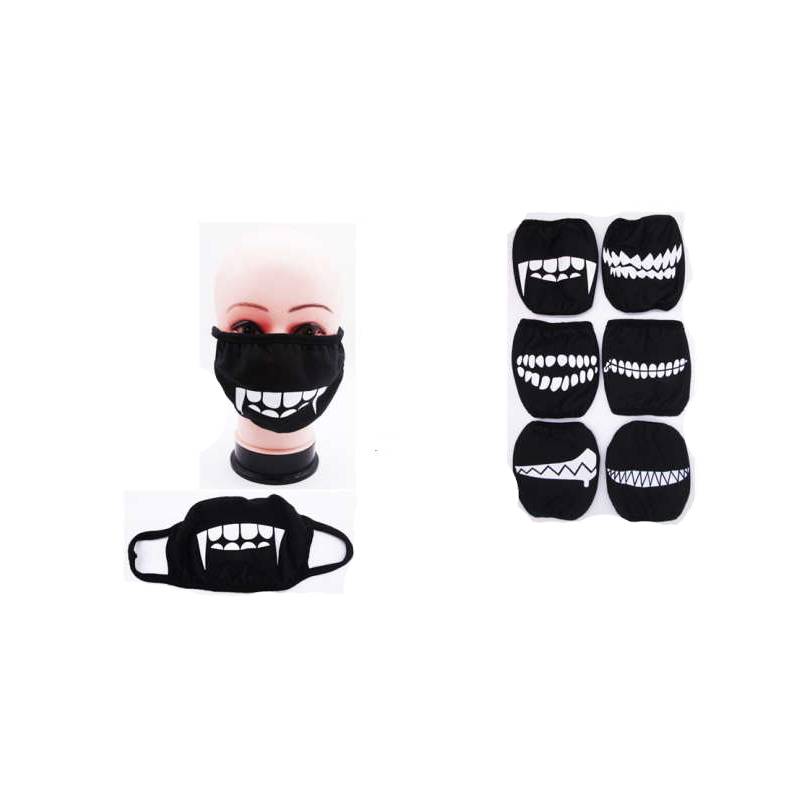 Black funny teeth face masks with assorted oversized white tooth and mouth designs.