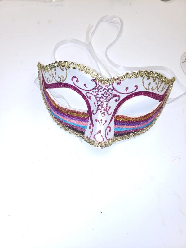 Pink - Gold Glittered Striped Venetian Half Mask