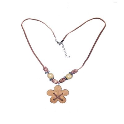 Beaded wood daisy necklace with cord strand, assorted beads, and flower pendant for hippie and boho costumes.