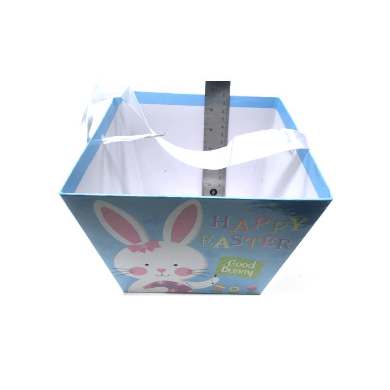 Light Blue Square Cardboard Easter Basket w Ribbon Handle
